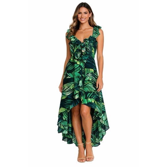 Banjul Dresses & Skirts - Tropical Palm Leaf Ruffle High Low Dress L Womens Green Resort Beach Vacation